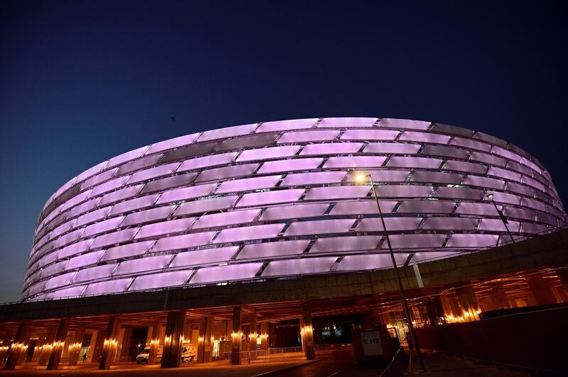 epa07560191 (FILE) - General view of the illuminated Olympic Stadium in Baku, Azerbaijan, 09 June 2015 (re-issued on 10 May 2019). Chelsea FC will face Arsenal FC in the 2019 UEFA Europa League final at the Olympic Stadium in Baku, Azerbaijan, on 29 May 2019.  EPA/VASSIL DONEV *** Local Caption *** 51989970