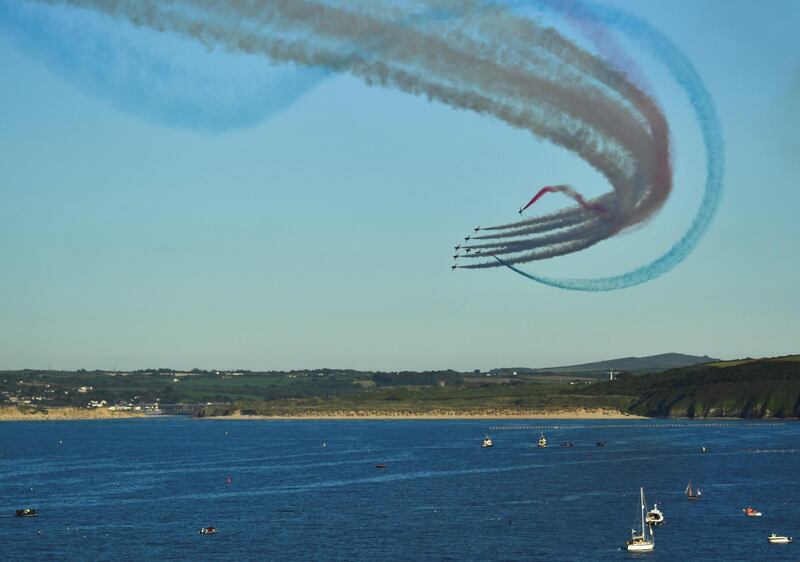 The Red Arrows fly over Carbis Bay and St Ives during the G7 summit. Reuters