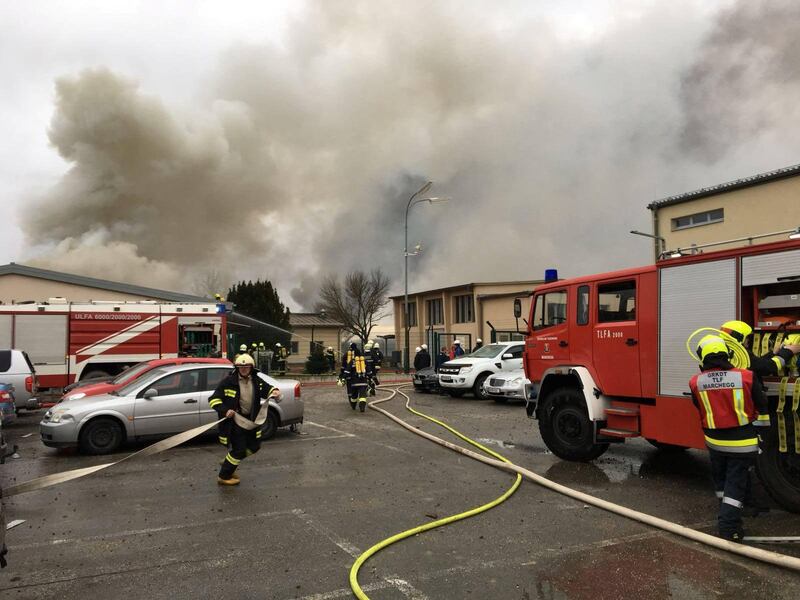 Emergency crews are seen attending to a fire after reports of a gas explosion in Baumgarten, Austria. RKNO / Motz via Reuters