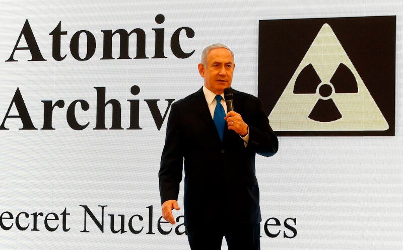 Israeli Prime Minister Benjamin Netanyahu delivers a speech on Iran's nuclear program at the defence ministry in Tel Aviv on April 30, 2018.
Netanyahu said that he had proof of a "secret" Iranian nuclear weapons programme, as the White House considers whether to pull out of a landmark atomic accord that Israel opposes. / AFP PHOTO / Jack GUEZ
