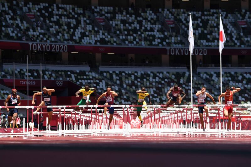 From left: France's Aurel Manga, France's Pascal Martinot-Lagarde, Jamaica's Hansle Parchment, USA's Devon Allen, Jamaica's Ronald Levy, USA's Grant Holloway, Britain's Andrew Pozzi and Spain's Asier Martinez compete in the men's 110m hurdles final.