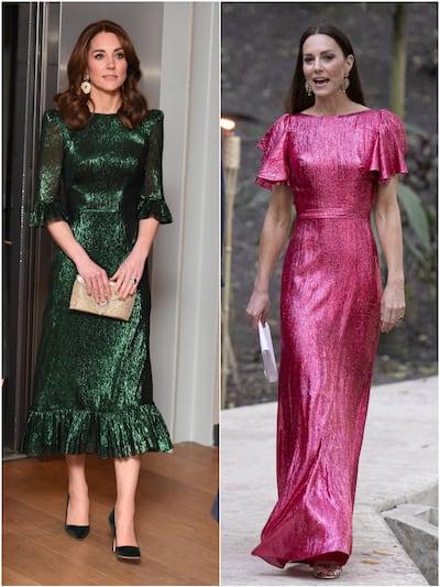 The Duchess of Cambridge wore a pink gown, right, from The Vampire's Wife to attend a reception to mark Queen Elizabeth II's platinum jubilee in Belize on March 21. The metallic gown echoed a green piece, left, she wore on a 2020 visit to Dublin, Ireland. EPA, PA