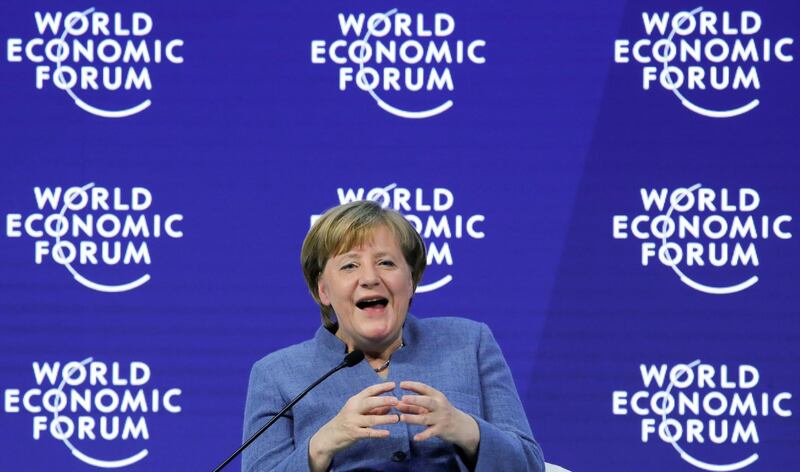 German Chancellor Angela Merkel laughs during the World Economic Forum (WEF) annual meeting in Davos, Switzerland January 24, 2018.  REUTERS/Denis Balibouse