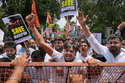 Members of the youth wing of India's Congress party during a protest near Parliament House in New Delhi, India, on Thursday. AP