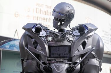 DUBAI, UNITED ARAB EMIRATES - OCTOBER 14, 2018. A robot interacts with the visitors at Gitex Technology Week at DWTC. (Photo by Reem Mohammed/The National) Reporter: Section: NA