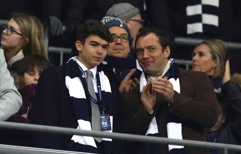 Mandatory Credit: Photo by Kieran Mcmanus/BPI/Shutterstock (9451242is)
Actor Jude Law in the stands with his son Rudy and Michael McIntyre behind
Tottenham Hotspur v Juventus, UEFA Champions League, Round of 16, Second Leg, Wembley Stadium, London, UK - 07 Mar 2018
