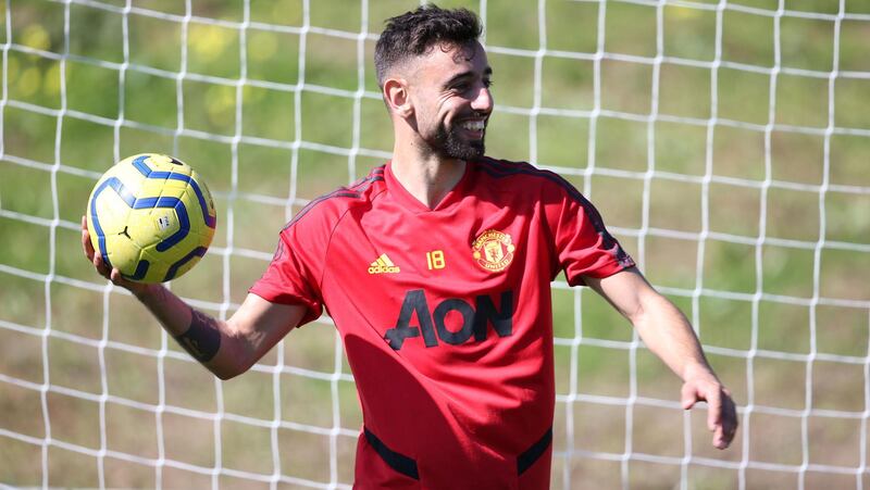 MALAGA, SPAIN - FEBRUARY 10: (EXCLUSIVE COVERAGE) Bruno Fernandes of Manchester United in action during a first team training session on February 10, 2020 in Malaga, Spain. (Photo by Matthew Peters/Manchester United via Getty Images)