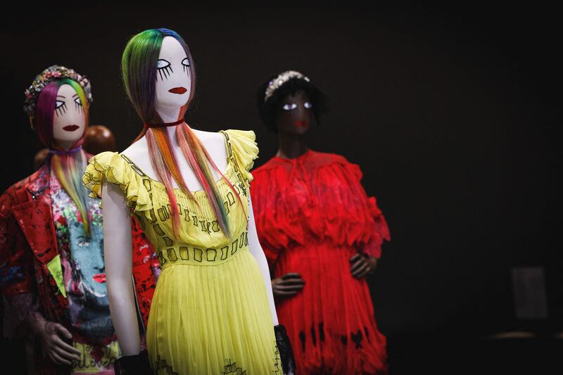 Mannequins dressed with creations by British designer Meadham Kirchhoff. AFP
