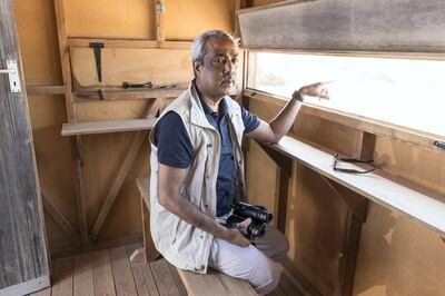 ABU DHABI, UNITED ARAB EMIRATES. 11 AUGUST 2017. The Al Wathba Wetland Reserve. The reserve is the second most successful breeding site, where 1,228 Greater Flamingos breed during the winter. Dr. Salim Javed, Acting Director - Terrestrial Biodiversity, 
Terrestrial & Marine Biodiversity at EAD in one of the observation hutches. For a story on the 36 Greater Flamingo key wintering and breeding sites across the UAE. (Photo: Antonie Robertson/The National) Journalist: Roberta Pennington. Section: The National.
