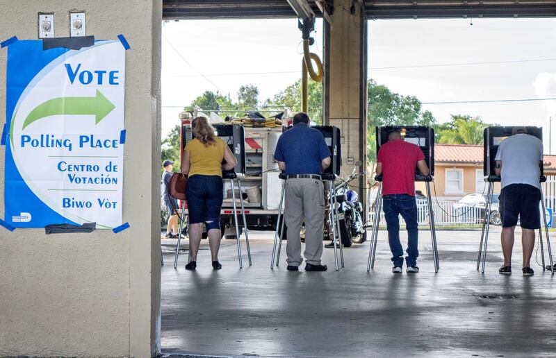 epa07145143 Voters cast their ballots in the 2018 mid-term election at precinct number 317 in Hialeah, Florida, USA, 06 November 2018. All 435 members of the House of Representatives, 35 seats in the 100-member Senate and 36 out of 50 state governors are up for re-election.  EPA/CRISTOBAL HERRERA