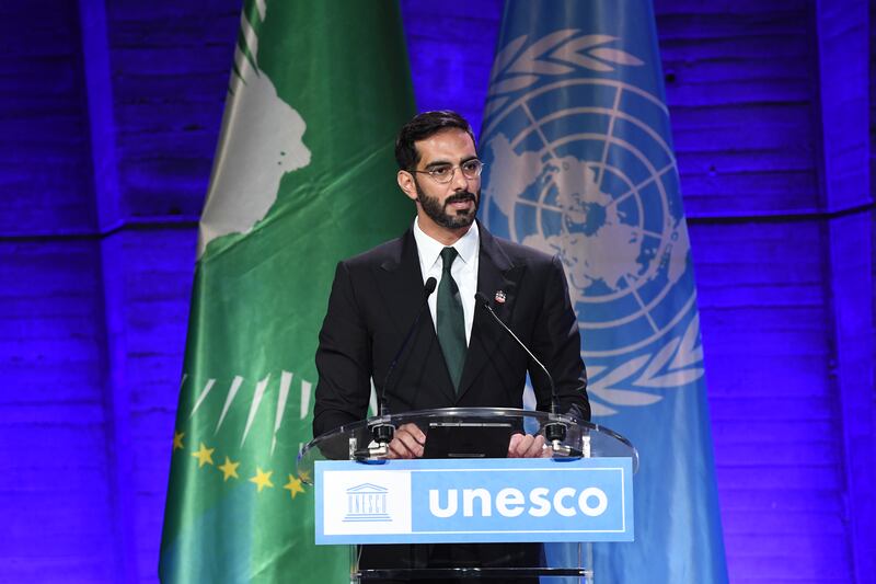 Salem Al Qassimi, UAE Minister of Culture and Youth, spoke at an event at Unesco’s headquarters to mark the 40th Africa Day. Photo: UAE Ministry of Culture and Youth