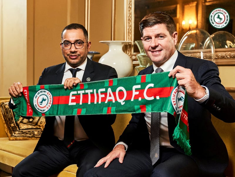Steven Gerrard is unveiled as the new manager of Al Ettifaq with club president Khaled Al Dabal. Reuters
