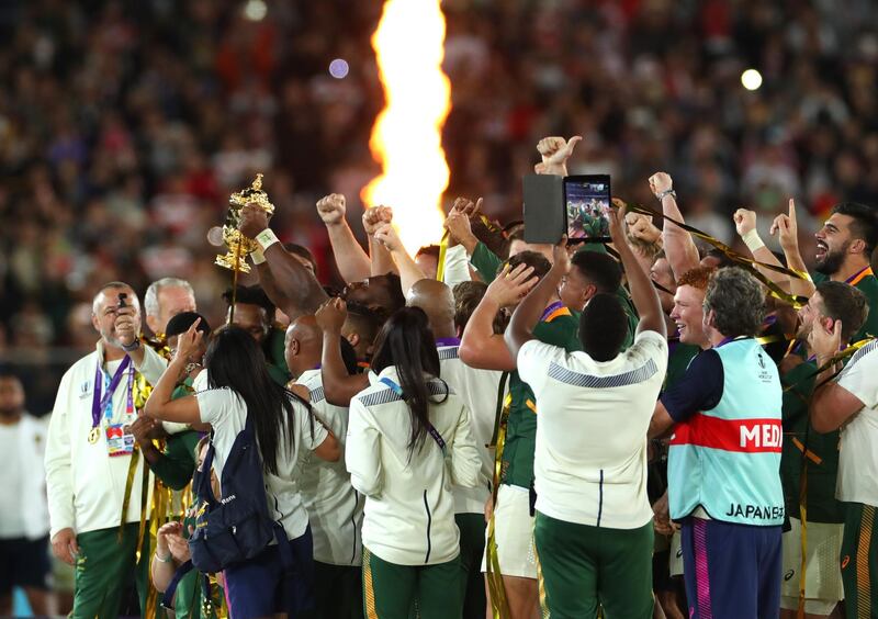 Siya Kolisi of South Africa lifts the Web Ellis cup following his team's victory against England in the Rugby World Cup 2019 Final between England and South Africa at International Stadium Yokohama on November 02, 2019 in Yokohama, Kanagawa, Japan. Getty Images