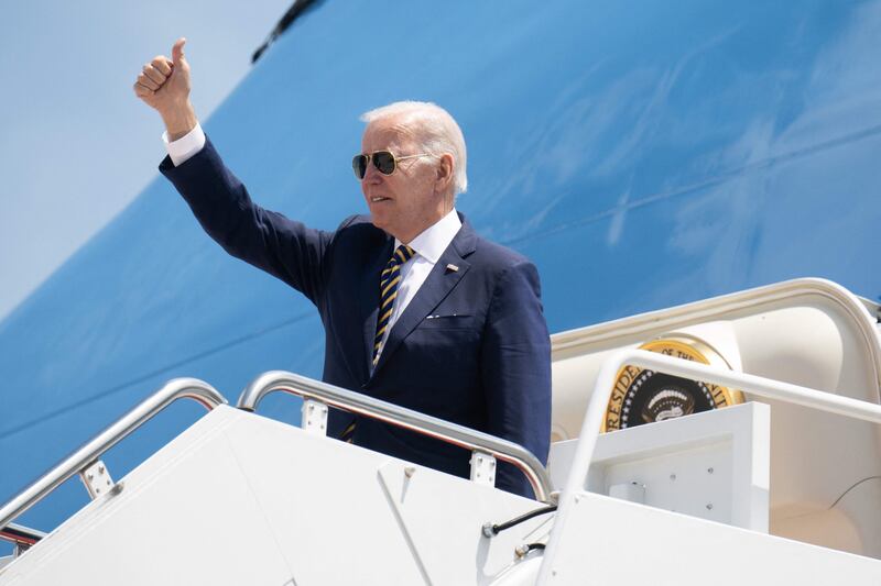 US President Joe Biden boards Air Force One as he travels to South Korea and Japan on his first trip to Asia as president. AFP
