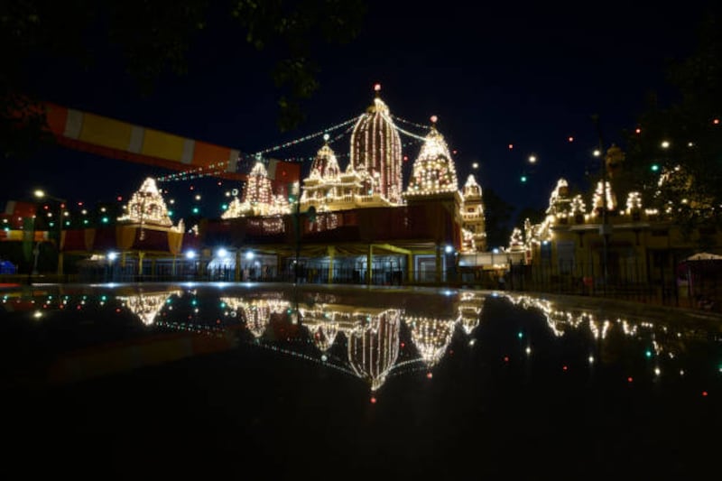 The Birla Mandir is lit up for Janmashtami in New Delhi. Getty Images