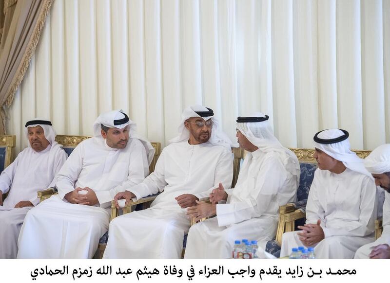 Sheikh Mohammed bin Zayed, Crown Prince of Abu Dhabi and Deputy Supreme Commander of the Armed Forces, on Tuesday offers his condolences on the death of Haitham Abdullah Zamzam Al Hammadi. Khaldoon Al Mubarak, Chairman of Abu Dhabi Executive Affairs Authority and Mohamed Mubarak Al Mazrouei, Under-Secretary of the Crown Prince's Court of Abu Dhabi, also visited the mourning majlis in Abu Dhabi. Wam