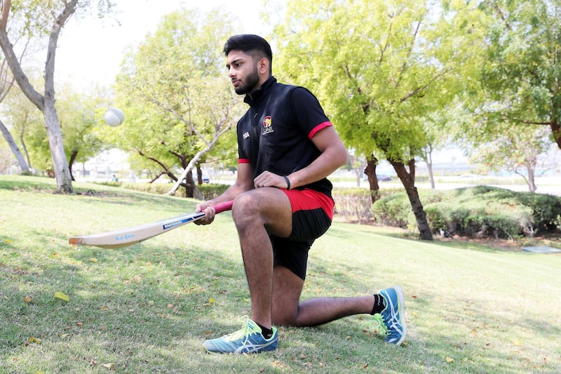 ABU DHABI, UNITED ARAB EMIRATES , March 26 – 2020 :- Yodhin Punja, the youngest cricketer to represent the UAE in both First Class and One Day Internationals. He is a student at Cardiff University but is back in Abu Dhabi for a break as the Universities in the UK are closed due to the spread of Coronavirus. He is at the Khaldia park near the corniche in Abu Dhabi. (Pawan Singh / The National) For Sports. Story by Amith