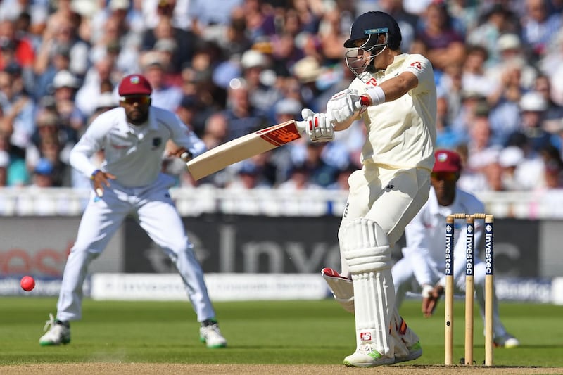 (FILES) In this file photo taken on August 17, 2017 England's captain Joe Root plays a shot during play on the opening day of the first Test cricket match between England and the West Indies at Edgbaston in Birmingham, central England on August 17, 2017. England will play three Tests at home to the West Indies in July, subject to British government clearance to return behind closed doors, the England and Wales Cricket Board announced on June 2, 2020. - RESTRICTED TO EDITORIAL USE. NO ASSOCIATION WITH DIRECT COMPETITOR OF SPONSOR, PARTNER, OR SUPPLIER OF THE ECB
 / AFP / Paul ELLIS / RESTRICTED TO EDITORIAL USE. NO ASSOCIATION WITH DIRECT COMPETITOR OF SPONSOR, PARTNER, OR SUPPLIER OF THE ECB

