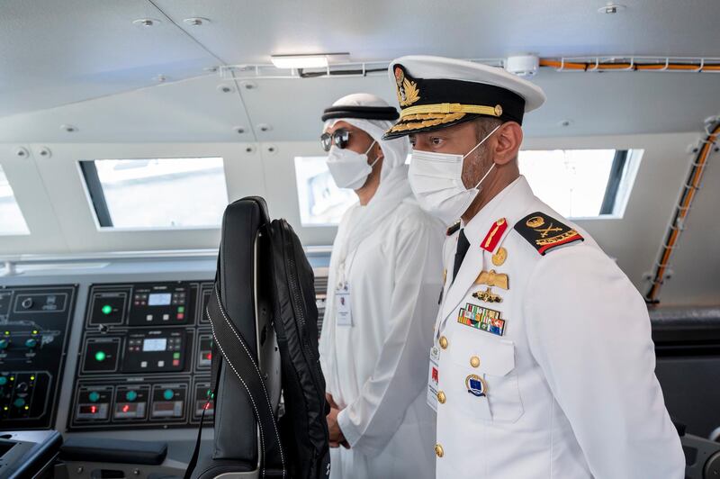 ABU DHABI, UNITED ARAB EMIRATES - February 23, 2021: Rear Admiral Pilot HH Sheikh Saeed bin Hamdan bin Mohamed Al Nahyan, Commander of the UAE Naval Forces (R) and HE Mohamed Mubarak Al Mazrouei, Undersecretary of the Crown Prince Court of Abu Dhabi (L), tour the 2021 Naval Defence and Maritime Security Exhibition (NAVDEX), at ADNEC. 

( Hamad Al Kaabi / Ministry of Presidential Affairs )​
---