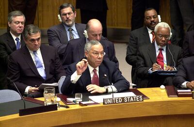 Colin Powell addresses the UN Security Council, citing ‘irrefutable and undeniable' evidence that Iraq had huge quantities of terrorist weapons. They were never found. Getty Images