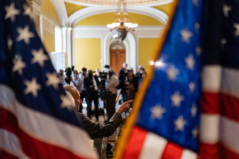 Senate Majority Leader Chuck Schumer, a Democrat from New York, speaks during a news conference following the weekly Democratic caucus luncheon at the US Capitol in Washington, on Sept 20. Bloomberg