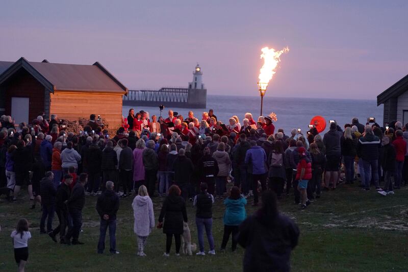 A platinum jubilee beacon on Blyth beach, north east England, Thursday June 2, 2022, on day one of Queen Elizabeth II's platinum jubilee celebrations. PA