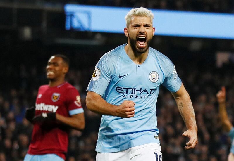Soccer Football - Premier League - Manchester City v West Ham United - Etihad Stadium, Manchester, Britain - February 27, 2019  Manchester City's Sergio Aguero celebrates scoring their first goal from the penalty spot    Action Images via Reuters/Jason Cairnduff  EDITORIAL USE ONLY. No use with unauthorized audio, video, data, fixture lists, club/league logos or "live" services. Online in-match use limited to 75 images, no video emulation. No use in betting, games or single club/league/player publications.  Please contact your account representative for further details.