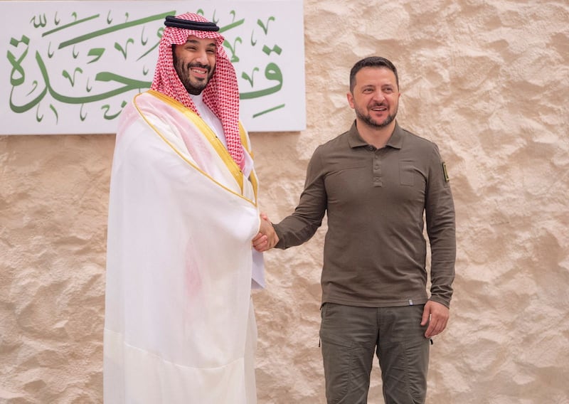 Prince Mohammed with Mr Zelenskyy before the Arab League summit in Jeddah. Reuters