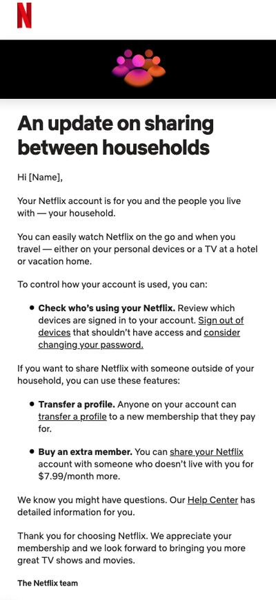 A sample of an email being sent out to Netflix subscribers in the US informing them of new changes. Photo: Netflix