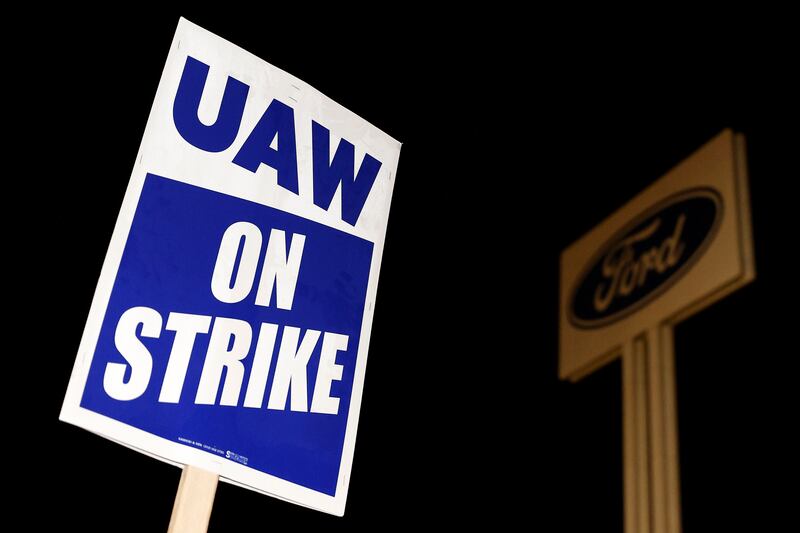 A placard installed by the United Auto Workers union outside a Ford plant in Wayne, Michigan. EPA
