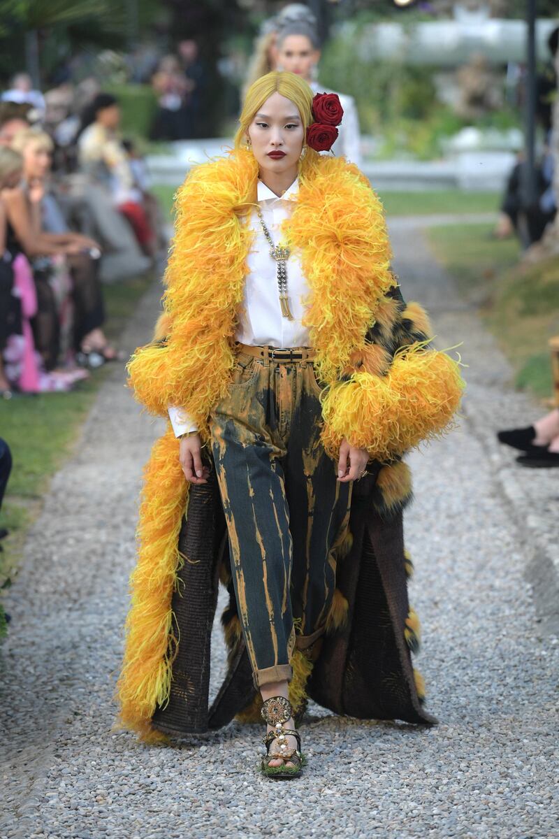 <p>Proving that there&#39;s room for denim in high fashion, the designers sent these tie-dye jeans down the runway.&nbsp;Courtesy Dolce &amp; Gabbana</p>
