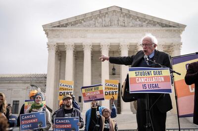 Bernie Sanders speaks during a rally in support of the Biden administration's student debt relief plan in front of the US Supreme Court on February 28, in Washington. Getty / AFP