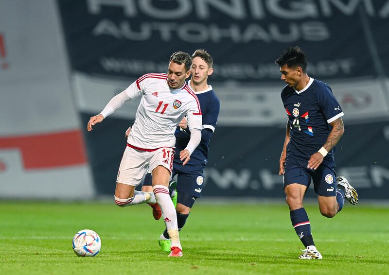 Caio Canedo runs with the ball during the UAE's friendly against Paraguay in Austria. Photo: UAE FA