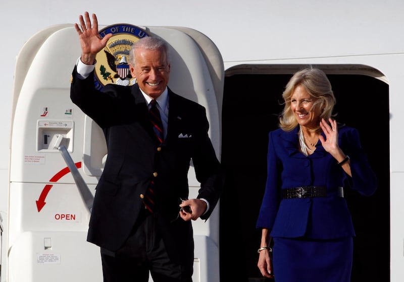 TEL AVIV, ISRAEL - MARCH 8:   U.S. Vice President Joe Biden and his wife Jill Biden wave after arriving at Ben Gurion International airport March 8, 2010  near Tel Aviv, Israel. Biden is on the first leg of a five-day trip to the region.  (Photo by Baz Ratner-Pool/Getty Images)