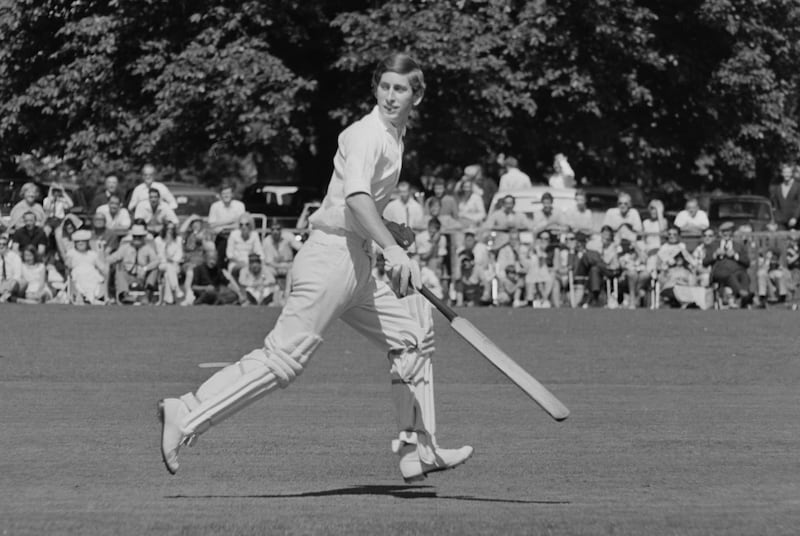 Prince Charles playing cricket in 1968. He was playing for Lord Brabourne against a team of Grand Prix racing drivers.