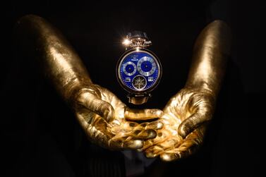A Virtuoso IX watch model by Swiss watchmaker Bovet is displayed on the opening day of the 28h International Fine Watchmaking Exhibition SIHH, on January 14, 2019 in Geneva. / AFP / Fabrice COFFRINI