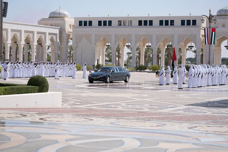 Egypt's President Abdel Fattah El Sisi arrives at Qasr Al Watan to meet Sheikh Mohamed bin Zayed, Crown Prince of Abu Dhabi and Deputy Supreme Commander of the UAE Armed Forces. Courtesy Sheikh Mohamed bin Zayed Twitter