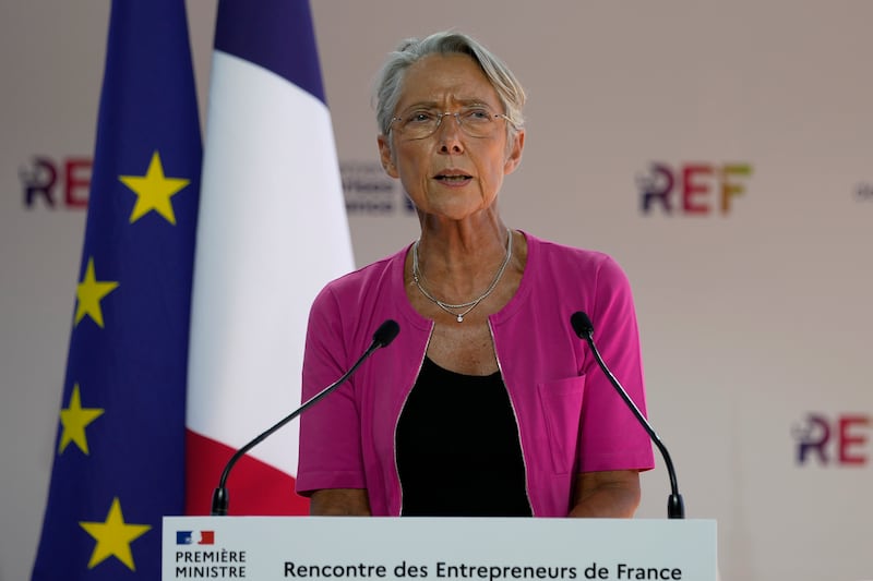 French Prime Minister Elisabeth Borne delivers her speech to business group Medef in Paris on Monday. AP