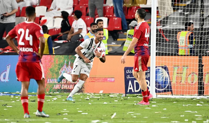 Ali Mabkhout after scoring in Al Jazira’s 3-3 result against Sharjah in the Adnoc Pro League at Mohamed bin Zayed Stadium on Friday, October 7, 2022. Photo PLC
