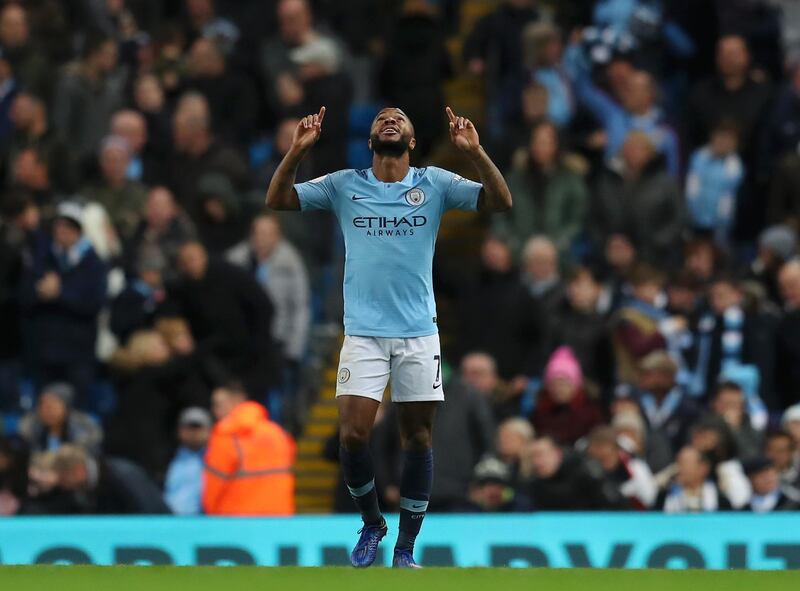 MANCHESTER, ENGLAND - DECEMBER 01:  Raheem Sterling of Manchester City celebrates after scoring his team's second goal during the Premier League match between Manchester City and AFC Bournemouth at Etihad Stadium on December 1, 2018 in Manchester, United Kingdom.  (Photo by Catherine Ivill/Getty Images)