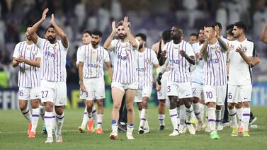 Players of Al Ain gesture to their fans after winning the AFC Champions League semifinal, first leg soccer match between Al Ain and Al-Hilal, in Al Ain, United Arab Emirates, 17 April 2024.   EPA / ALI HAIDER