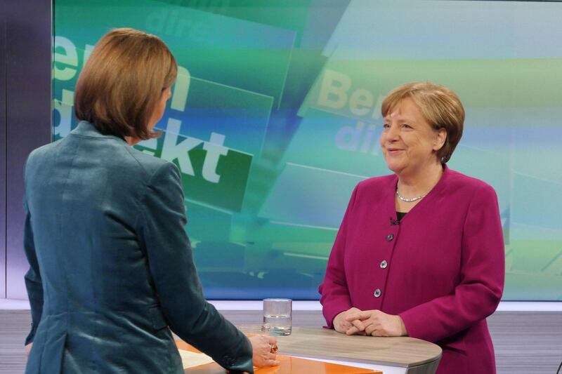 epa06515628 A handout photo made available by the German tv station ZDF shows German Chancellor and Chairwoman of the Christian Democratic Union (CDU), Angela Merkel (R), being interviewed by ZDF journalist Bettina Schausten (L), during the recording of the TV show 'Berlin direkt' of German station Zweites Deutsches Fernsehen (ZDF) the in Berlin, Germany, 11 February 2018. Merkel was expected to talk about the coalition agreement between Social Democrats (SPD) and Christian Democrats (CDU).  EPA/THOMAS ERNST / ZDF HANDOUT  HANDOUT EDITORIAL USE ONLY/NO SALES