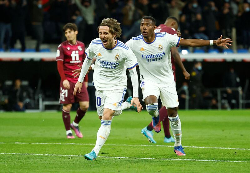 Luka Modric celebrates scoring Real Madrid's second goal. Reuters