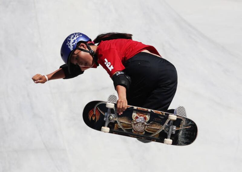 Sakura Yosozumi of Team Japan competes during the Women's Skateboarding Park Finals.