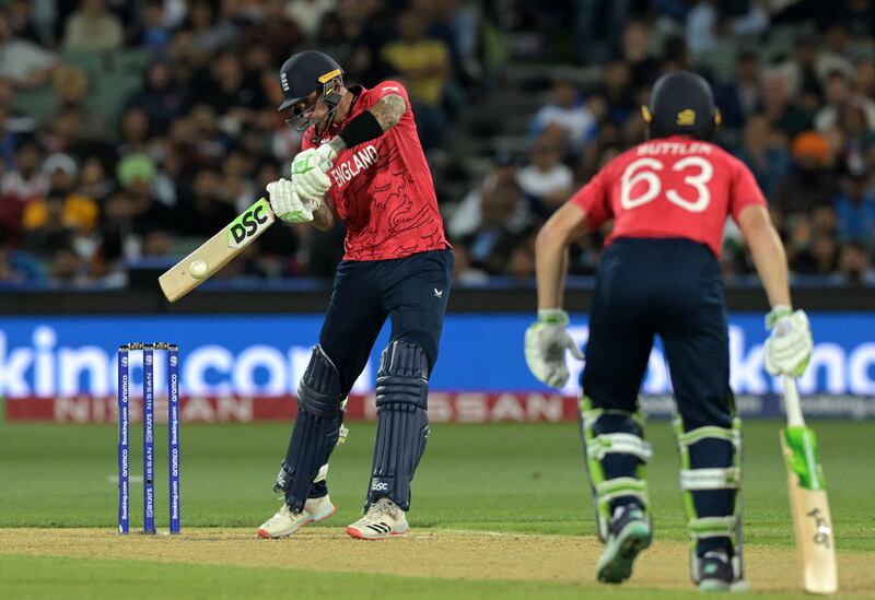 England opener Alex Hales plays a shot. AFP