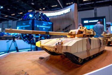 A model of Russia's T-14 Armata tank on display at the Rosoboronexport pavilion on the second day of Idex 2021. Victor Besa / The National