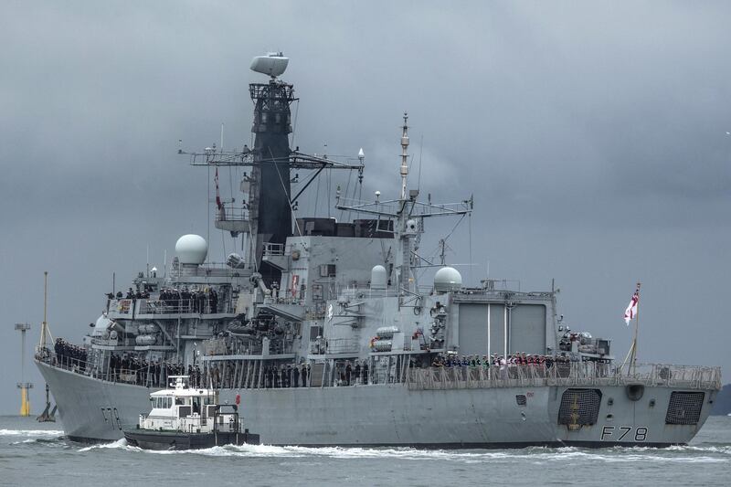 PORTSMOUTH, ENGLAND - AUGUST 12: HMS Kent, a Type 23 frigate leaves Portsmouth Harbour on August 12, 2019 in Portsmouth, England. The British warship is on route to the Gulf amid heightened tensions with Iran. (Photo by Dan Kitwood/Getty Images)