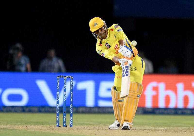 Chennai Super Kings cricket captain Mahendra Singh Dhoni plays a shot during the 2019 Indian Premier League (IPL) second qualifier Twenty20 cricket match between Delhi Capitals and Chennai Super Kings at the Dr. Y.S. Rajasekhara Reddy ACA-VDCA Cricket Stadium in Visakhapatnam on May 10, 2019. (Photo by NOAH SEELAM / AFP) / ----IMAGE RESTRICTED TO EDITORIAL USE - STRICTLY NO COMMERCIAL USE-----