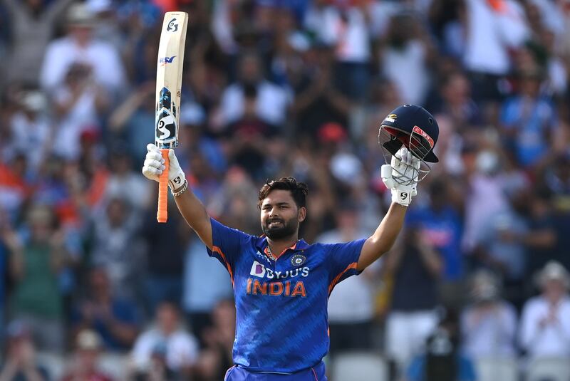 Rishabh Pant celebrates reaching his century that helped India beat England at Old Trafford in the third ODI on Sunday, July 17, 2022. Getty