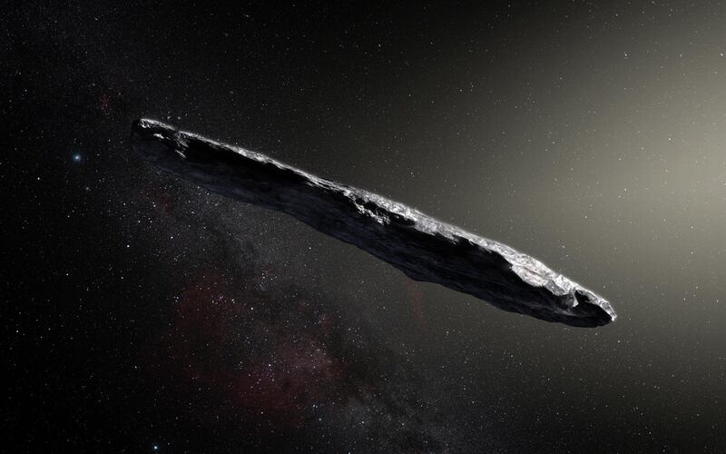 This artist’s impression shows the first interstellar asteroid: `Oumuamua. This unique object was discovered on 19 October 2017 by the Pan-STARRS 1 telescope in Hawai`i. Subsequent observations from ESO’s Very Large Telescope in Chile and other observatories around the world show that it was travelling through space for millions of years before its chance encounter with our star system. `Oumuamua seems to be a dark red highly-elongated metallic or rocky object, about 400 metres long, and is unlike anything normally found in the Solar System.